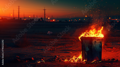Trash receptacle ablaze, stark flames against an immaculate background. photo