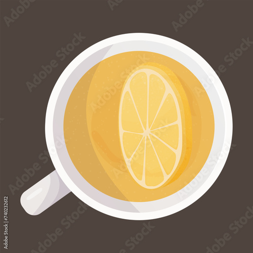 Tea cup with lemon. Traditional hot drink for breakfast. Tea time. Herbal tonic beverage. Vector illustration.