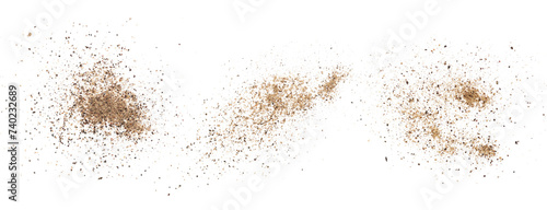 Set minced black pepper, ground peppercorn pile isolated on white, top view, macro	