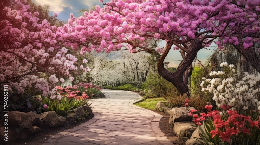 A beautiful spring landscape with blooming rose trees in the garden or in the forest. Beauty is in nature.