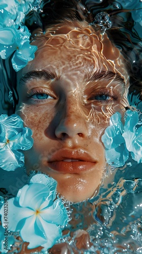 A portrait of a woman with face under water with blue flower petals. Close-up of a woman's face inspired by advertising in reverent style.