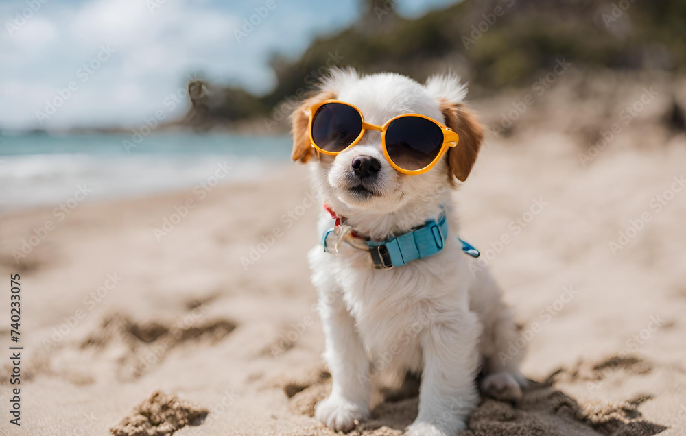 dog on the sand with glasses