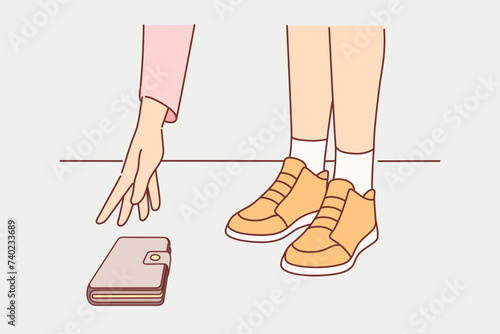 Woman dropped phone and pulls hand to ground to pick up fallen gadget, concept problem carelessness