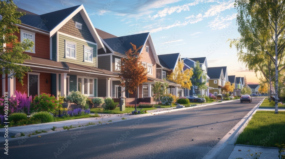 Stunning image of a row of detached new build homes in a thriving housing development. Stunning image of a row of detached new build homes in a thriving housing development.