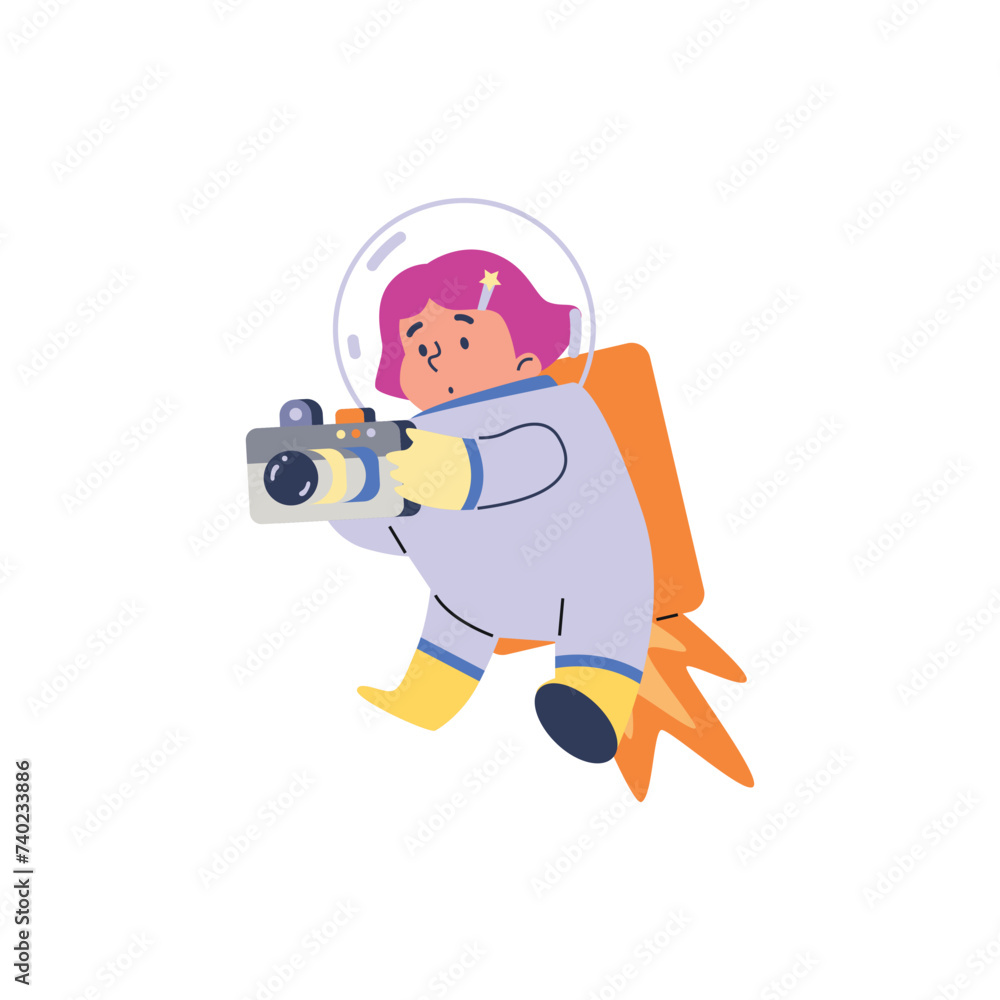 A child in a spacesuit takes pictures of space scenes with a camera. Vector art.