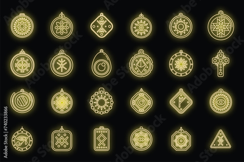 Amulet icons set outline vector. China coin. Chine and arabic culture