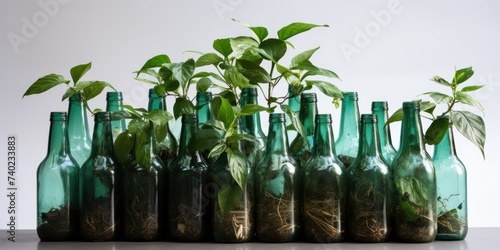 Plants Growing In A Row Of Recycled Glass Bottles. Generative AI