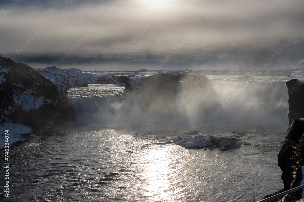 Arctic weather at Godafoss waterfall, Iceland