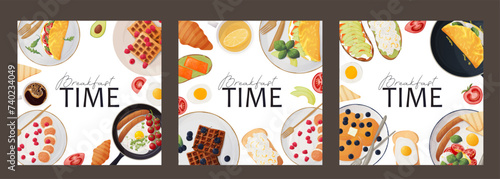 Set of cards. Web banner. Breakfast time. Eggs, sandwich, croissant, waffle with fruit, vegetables, fruit. Advertising flyer. Vector illustration