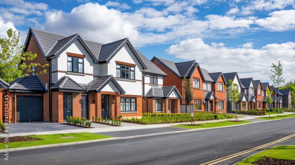 Stunning image of a row of detached new build homes in a thriving housing development. Stunning image of a row of detached new build homes in a thriving housing development.