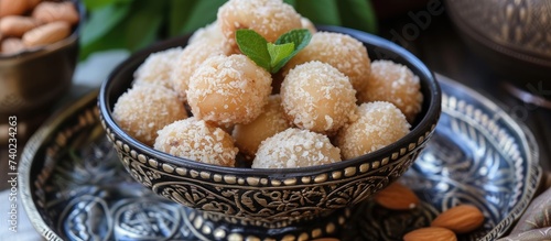 A typical Moroccan food indulgence, this photo showcases a bowl filled with almonds and powdered sugar.