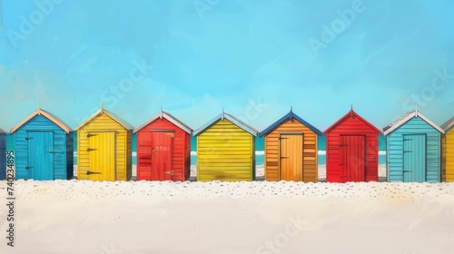 Stunning image of colorful wooden beach huts on the sandy beach, evoking coastal charm and seaside beauty.