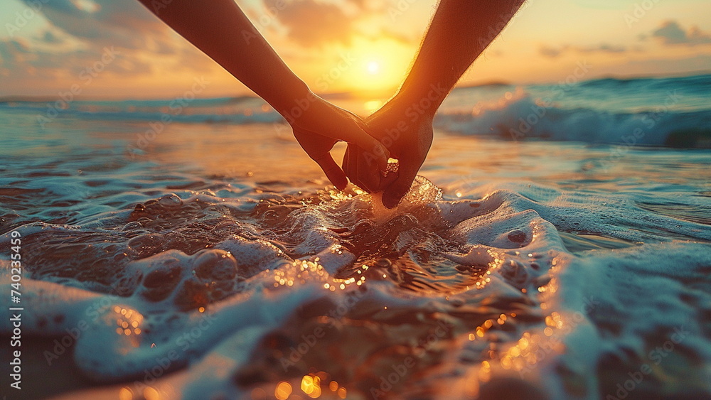 Close up of man and woman hand holding together with beautiful beach background. With Generative AI - obrazy, fototapety, plakaty 