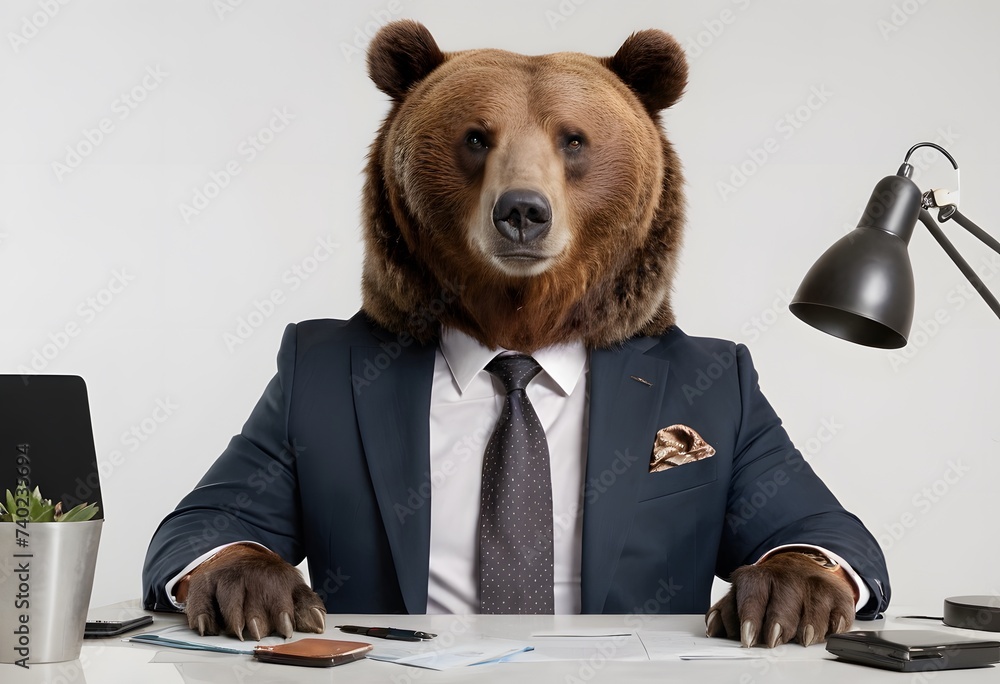 A portrait of a grizzly bear dressed in a suit like trader boss, business finance market concept - obrazy, fototapety, plakaty 