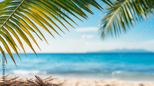 Close up photo of palm leaves with beach background summer vacation ambiance. With Generative AI