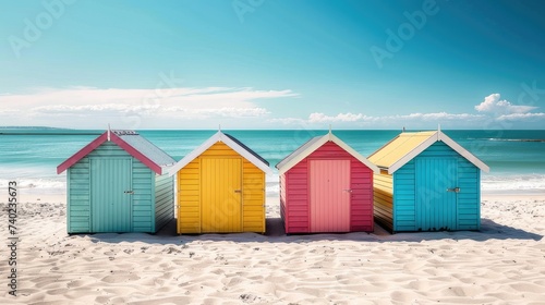 Stunning image of colorful wooden beach huts on the sandy beach, evoking coastal charm and seaside beauty. © pvl0707