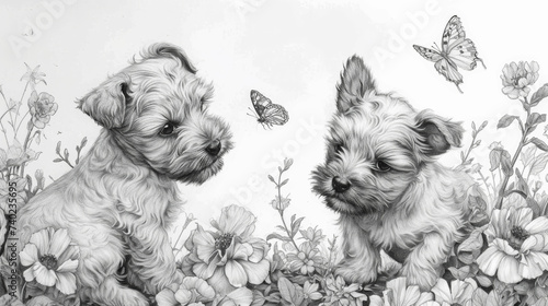 Pencil drawing cute schnauzer puppies