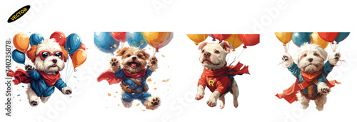 Dog flying with balloons, superhero costume, adventure, whimsical, pet hero, animal antics, joyful flight, cute animal vector set