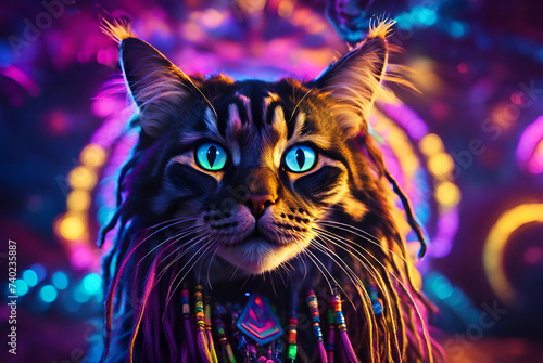 Portrait of a psytrance and Goa fan cat with dreadlocks and necklaces. - Generative AI