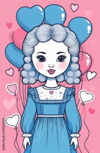 Illustration of portrait a Girl Holding blue heart Balloons