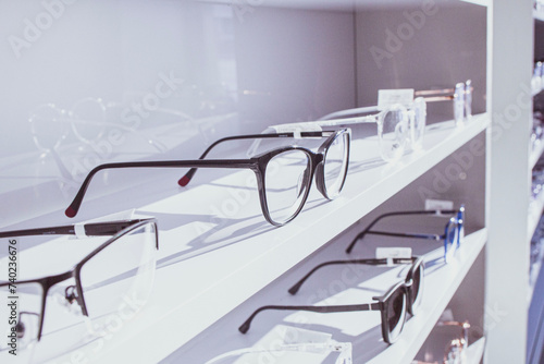 exhibitor of glasses consisting of shelves of fashionable glasses shown on a wall at the optical shop
