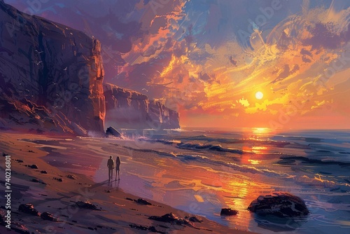 A couple of people walking along a beach next to the ocean with the sun setting over the ocean and a cliff on the side of the beach in the water.