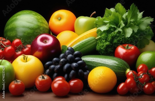 Assortment of fresh fruits and vegetables  on a black background.