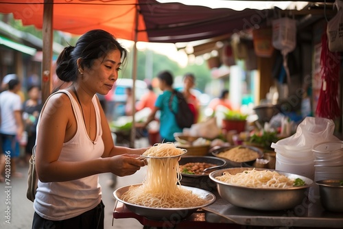 mujer thailandesa comiendo comida callejera en una calle de bangkok 