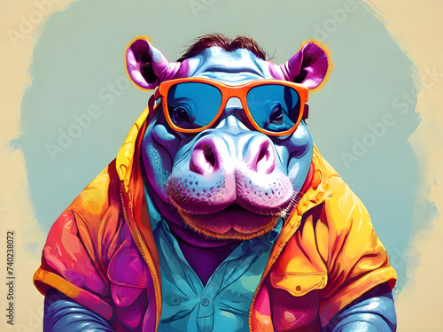 Portrait of a colorful anthropomorphic hippopotamus with sunglasses. photo