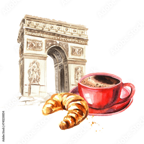 Triumphal arch in Paris  and coffee with croissant. Welcome to France card concept. Hand drawn watercolor illustration  isolated on white  background