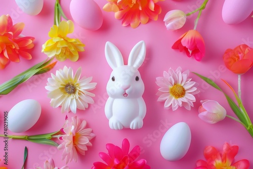 Happy Easter Eggs space for text. Bunny hopping in flower ladybugs decoration. Adorable hare 3d Scripted message rabbit illustration. Holy week cultural events card Religious observances