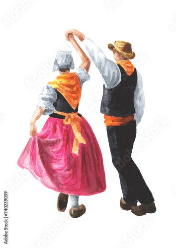 French folk dances. A couple of dancers in national costumes. Hand drawn watercolor illustration isolated on white background 