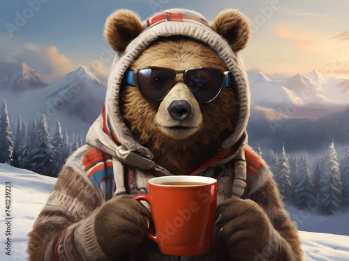Bear in a jacket with a sunglasses and a cup of hot tea or coffee. Winter vacation on the mountain.
