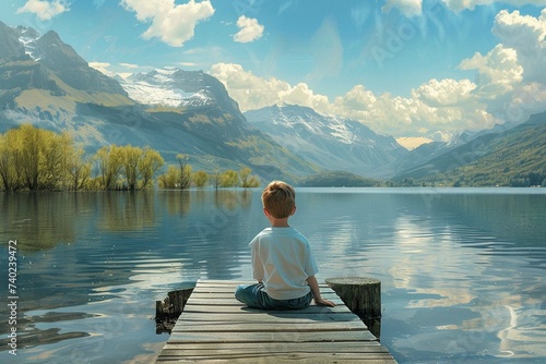 Boy sits on a jetty and looks at the lake. mountains in the background