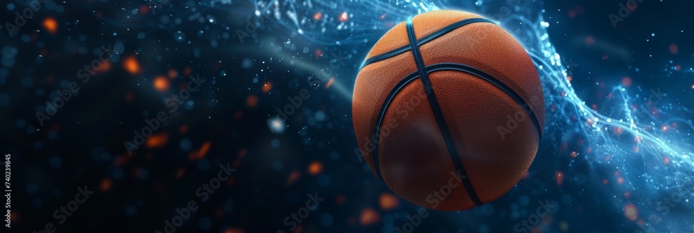 Electrifying Basketball Energy Flow - Basketball with a high-energy, digital blue energy background. Design with copy space,panoramic banner, advertising. Electrifying Basketball Energy Flow - Basketball with a high-energy, digital blue energy background. Design with copy space,panoramic banner, advertising.