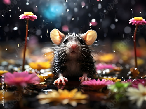 Raining scenery where a mouse is next to flowers soaking wet, © Natasa