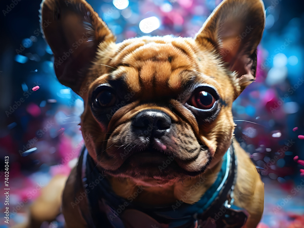 Portrait of a French bulldog - party background with confetti,