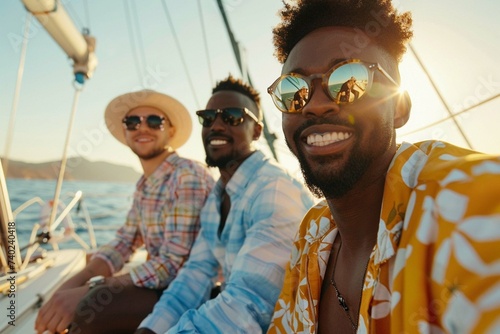 Group of diverse friend sit on deck of yacht while yachting together © Bilal
