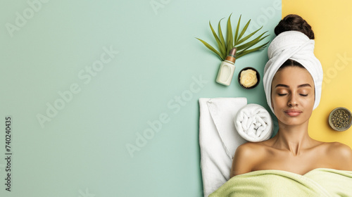 A fashionable woman takes a moment to relax, wrapped in towels with a clock ticking on the wall behind her