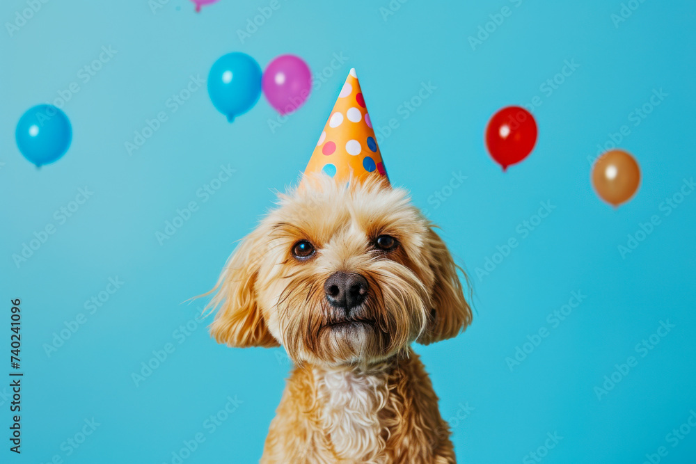 Dog Wearing Party Hat With Balloons