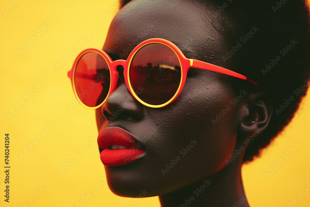 A stylish woman adds a pop of color to her outfit with red sunglasses, highlighting her expressive eyes and confident fashion sense A stylish woman adds a pop of color to her outfit with red sunglasses, highlighting her expressive eyes and confident fashion sense