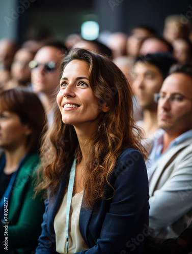 woman in a conference looking smiling out of the crowd