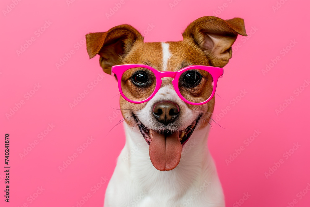 Small Dog Wearing Pink Glasses on Pink Background