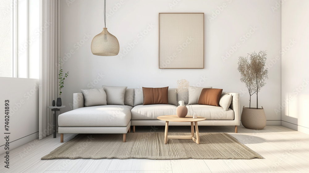 Fototapeta premium Modern living room interior with sofa and blank poster frame, natural light, minimal design.