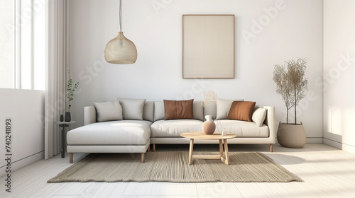 Modern living room interior with sofa and blank poster frame, natural light, minimal design.