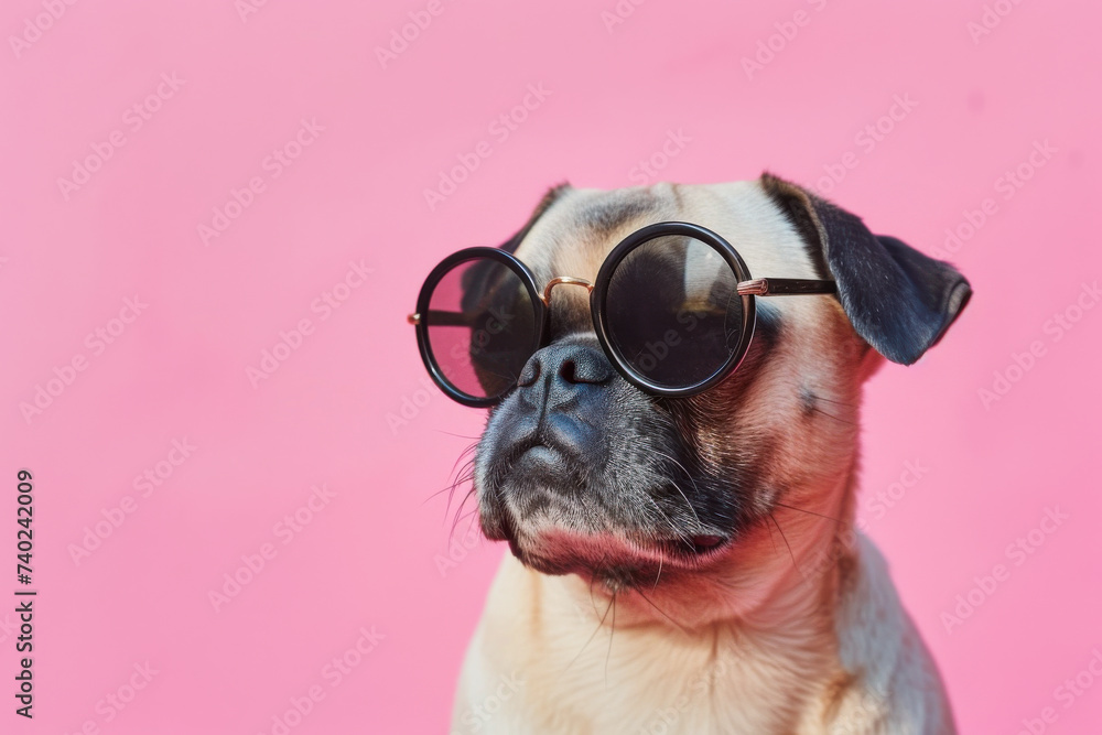 Adorable Pug Wearing Sunglasses on Pink Background Adorable Pug Wearing Sunglasses on Pink Background