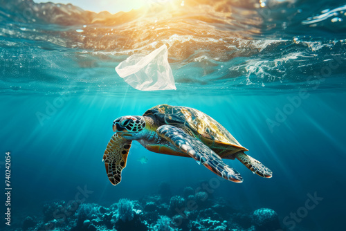 Turtle Swimming in Ocean With Plastic Bag in Mouth © vladim_ka