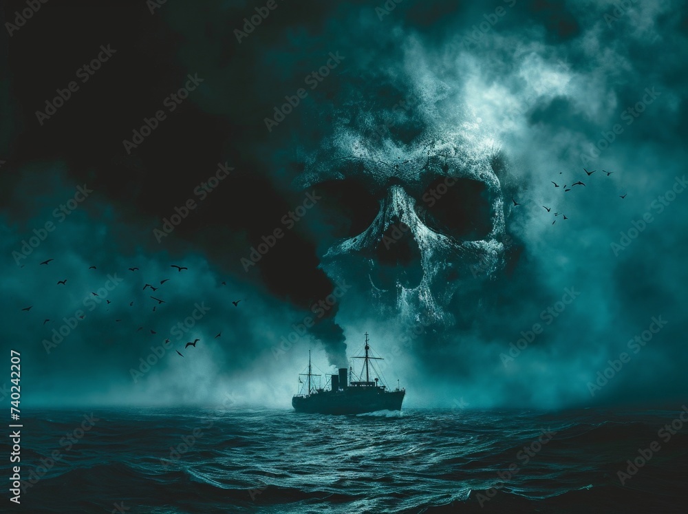 a ship in water with skull in background