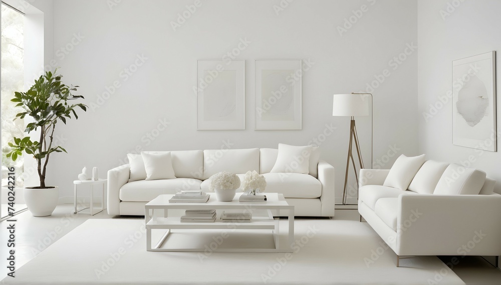 Step into a world of simplicity and sophistication with this all-white room, adorned with boucle furniture that adds a touch of texture and warmth to the space. - obrazy, fototapety, plakaty 