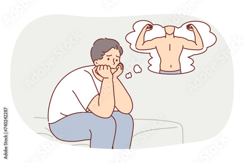 Overweight man presents own beautiful body after visiting fitness club or nutritionist